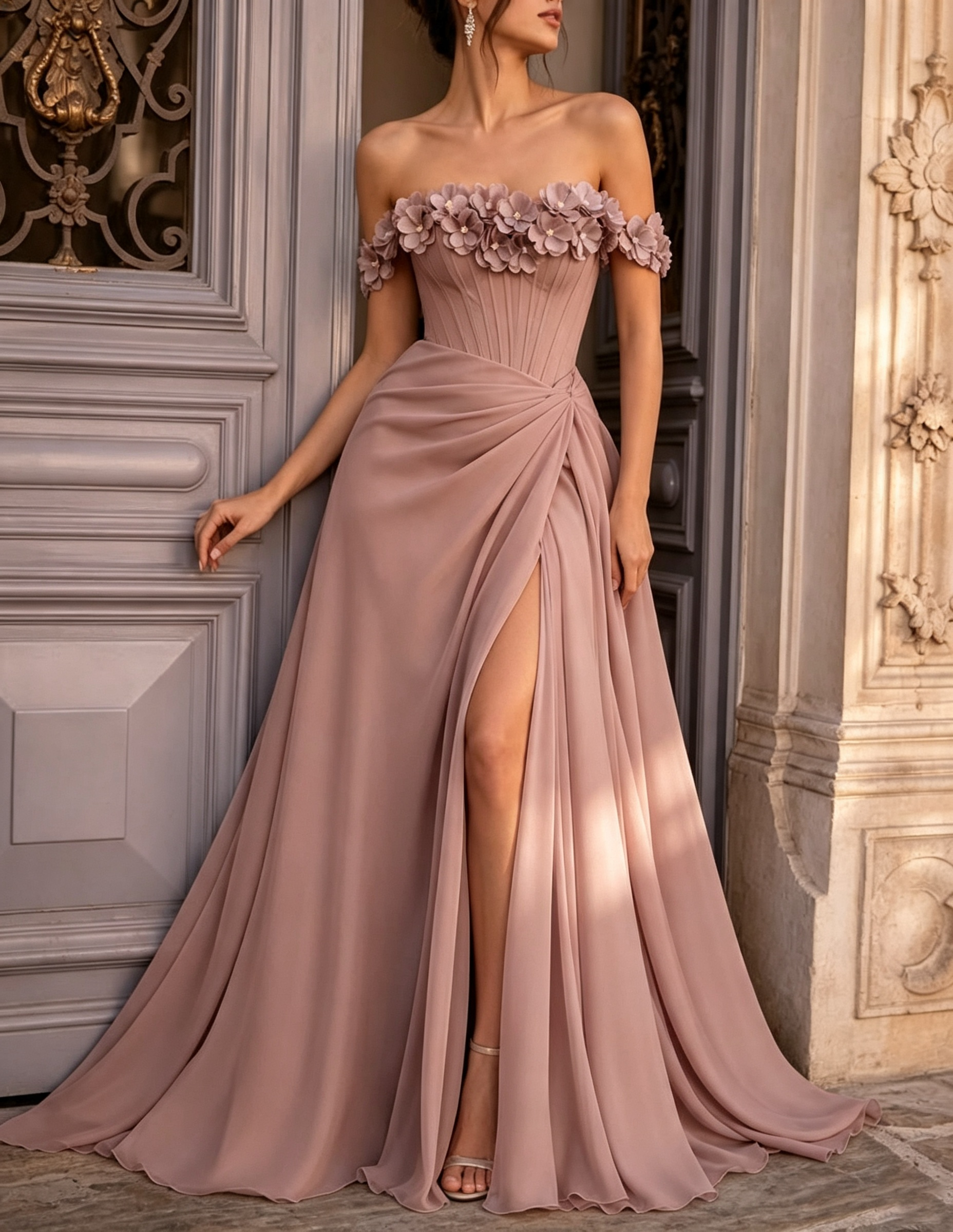 Rochie de seară maxi, croială în A, din șifon cu imprimeu floral 3D, cu umerii goi