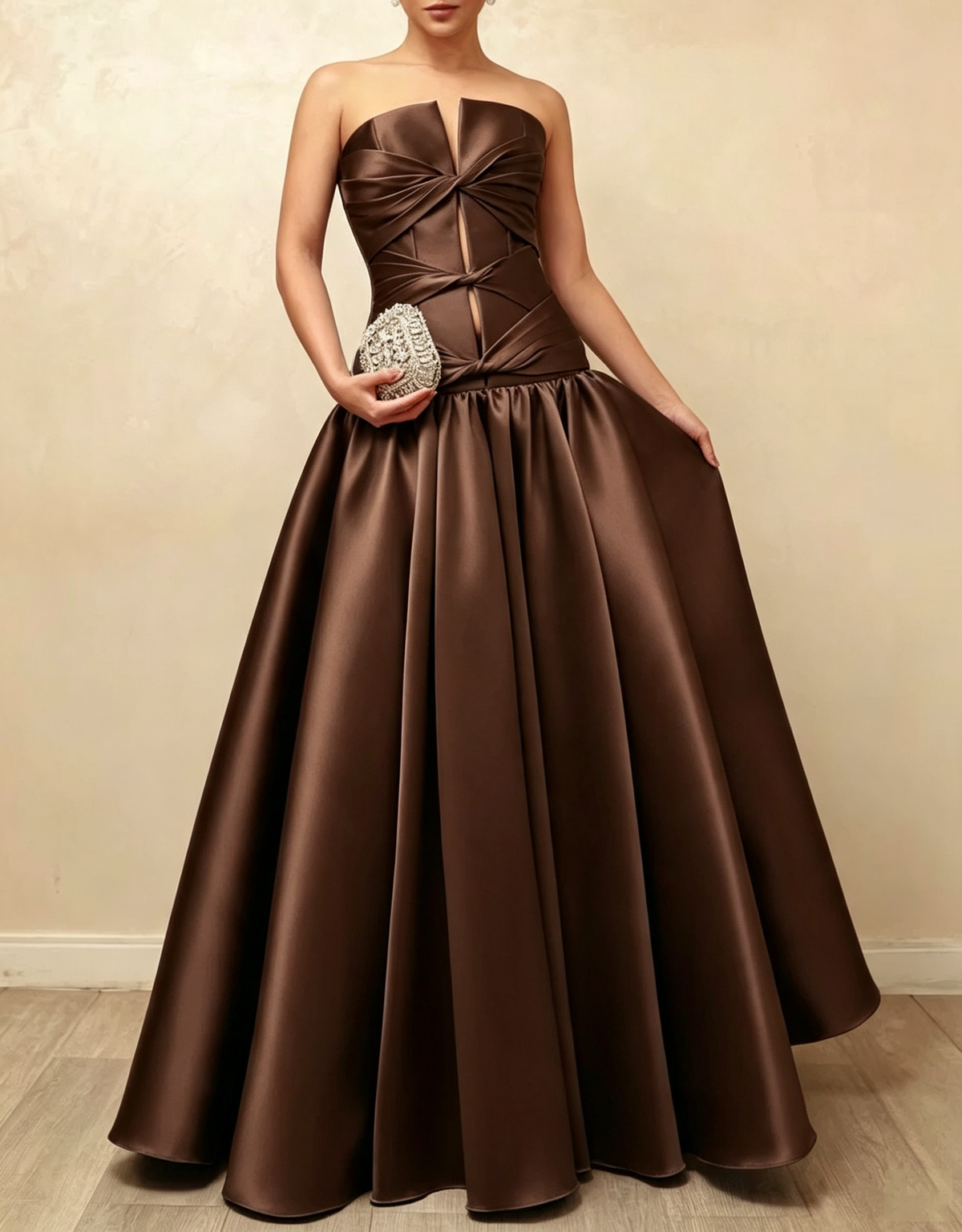 Trägerloses Satin-Abendkleid in A-Linie mit Twist-Cut-out