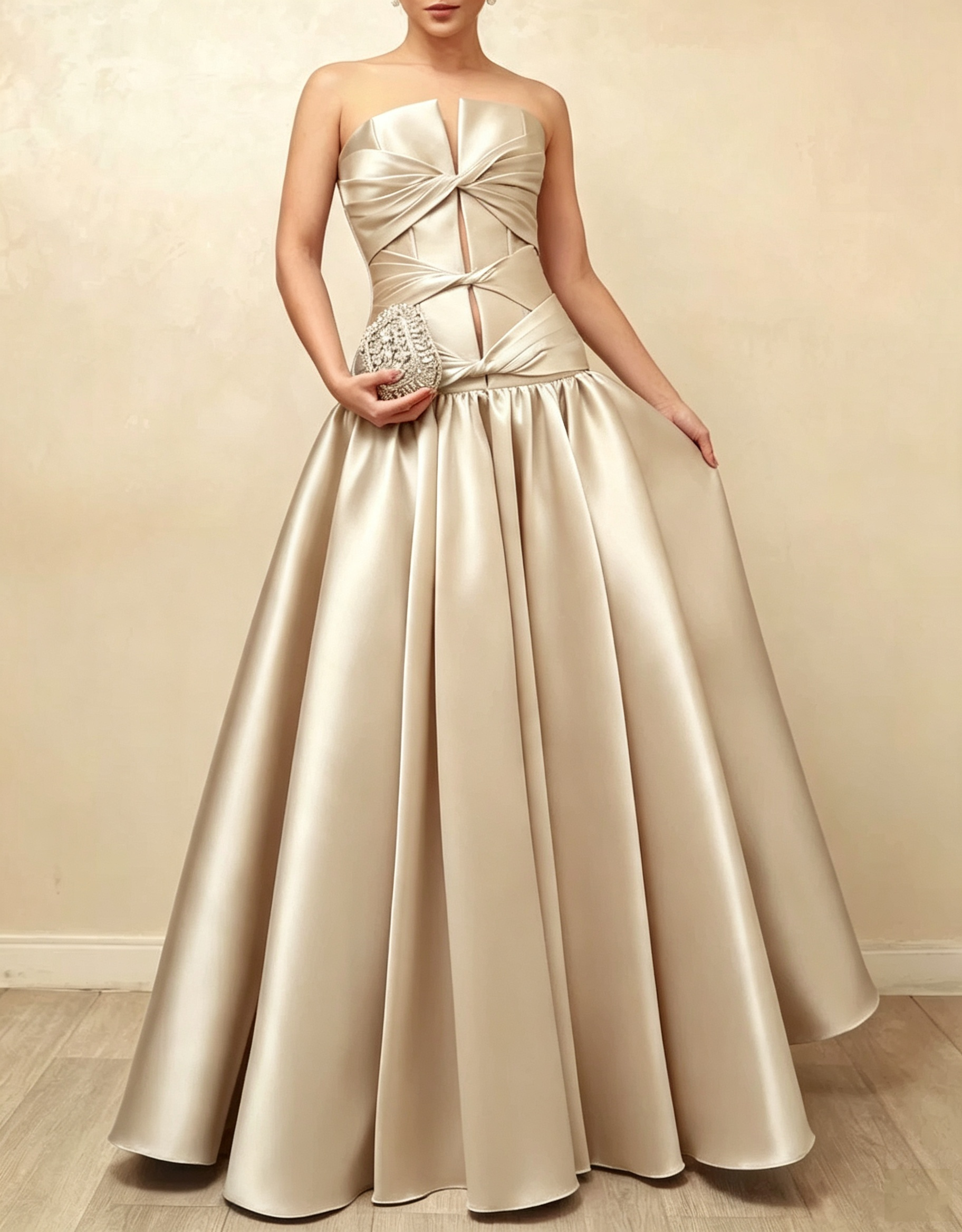 Trägerloses Satin-Abendkleid in A-Linie mit Twist-Cut-out