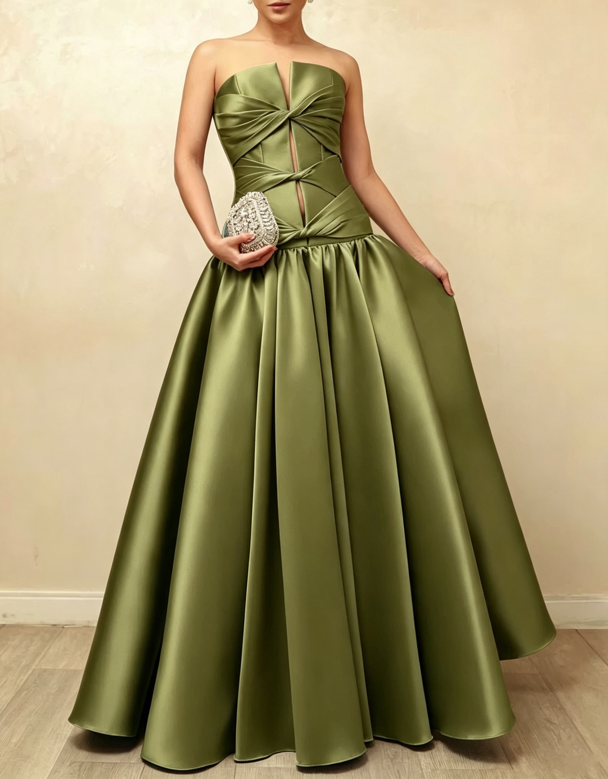 Trägerloses Satin-Abendkleid in A-Linie mit Twist-Cut-out