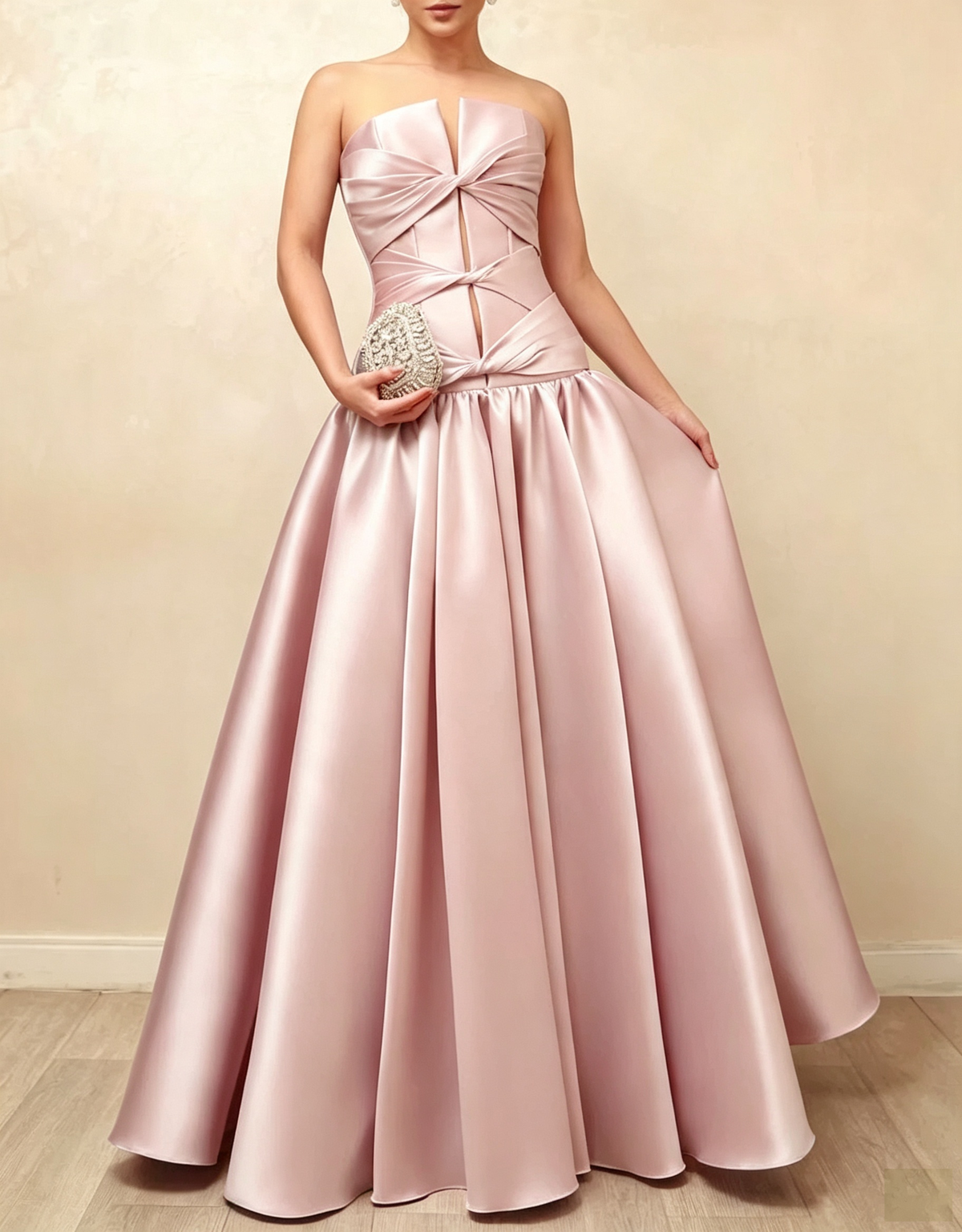 Trägerloses Satin-Abendkleid in A-Linie mit Twist-Cut-out