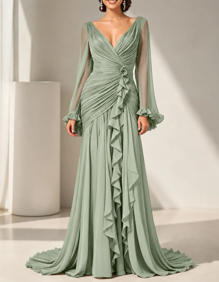 Abito lungo plissettato in chiffon verde oliva