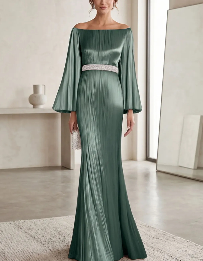 Long-sleeved Off-the-shoulder Satin Maxi Dress