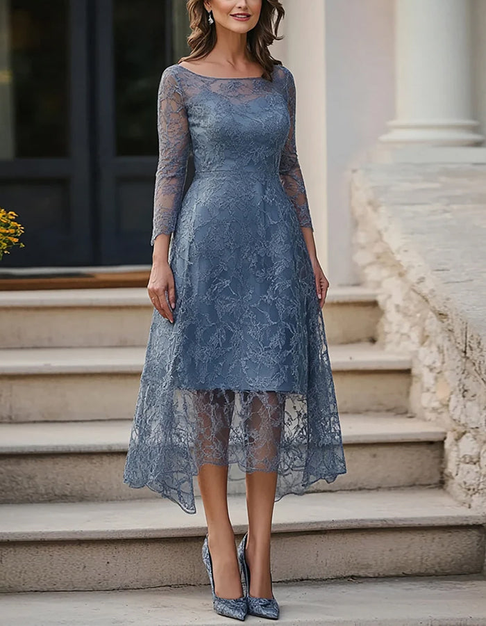 Robe maxi bleu gris à col rond, manches trois quarts en dentelle