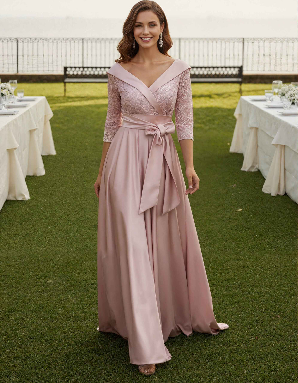 Pink V-Neck Three Quarter Length Lace Satin Maxi Dress