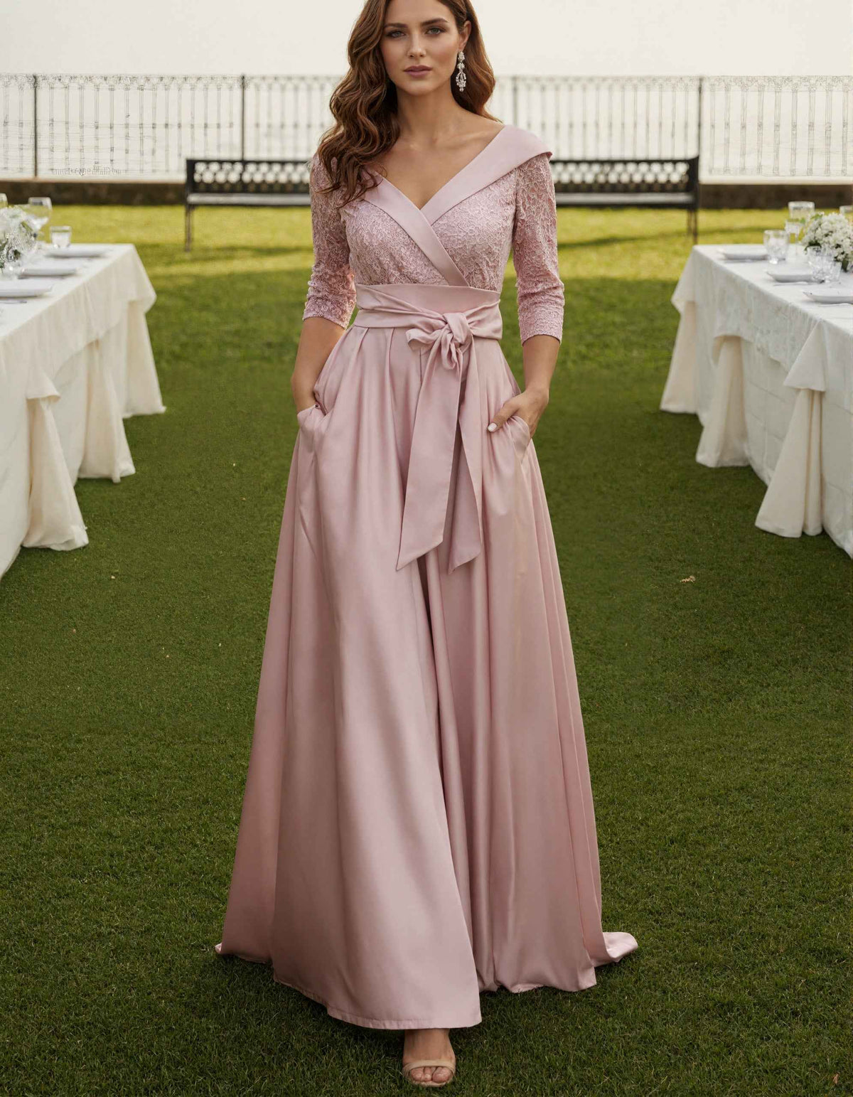 Pink V-Neck Three Quarter Length Lace Satin Maxi Dress
