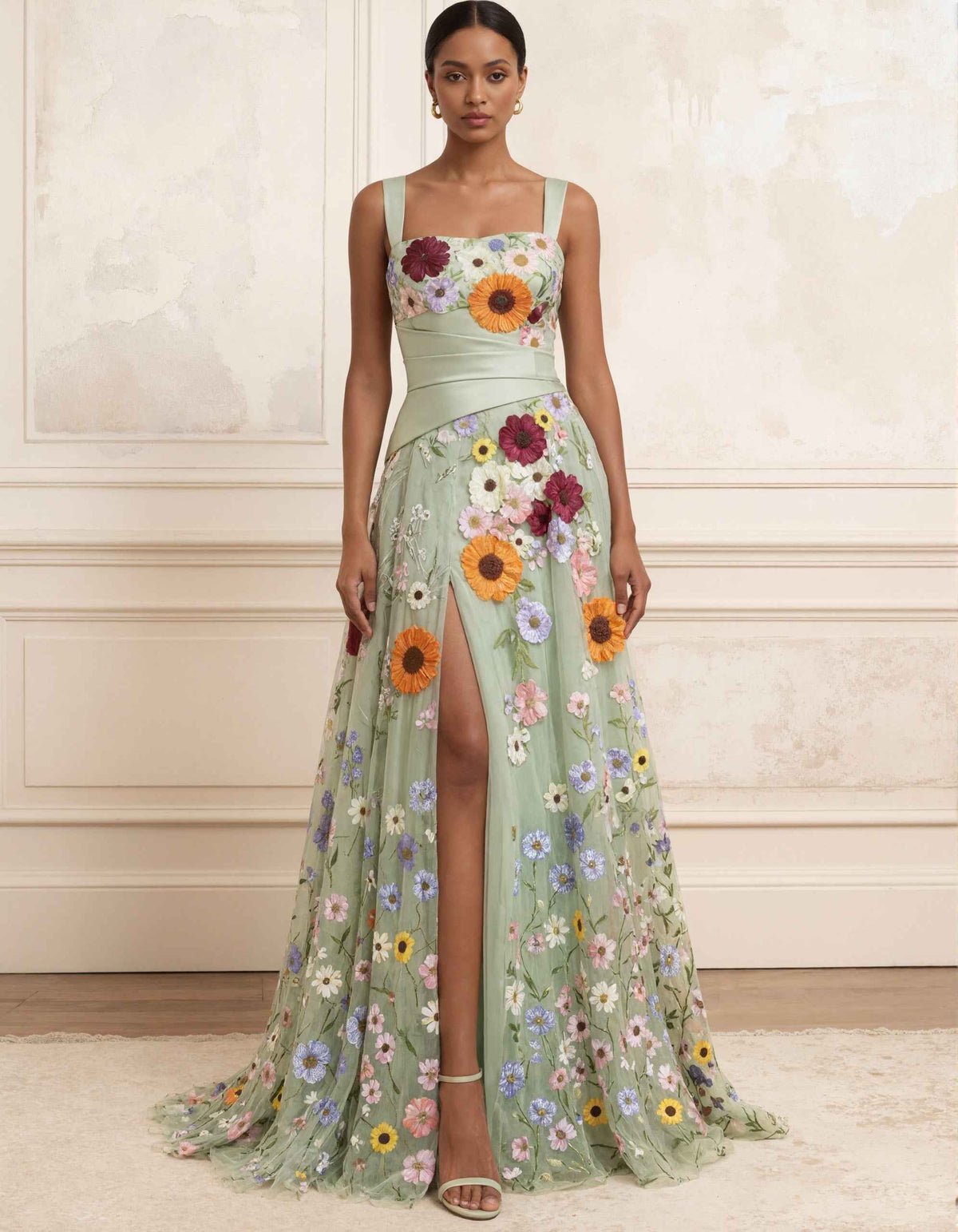 Sage Green Square Neckline With Wide Shoulder Straps 3D Floral Tulle Maxi Dress