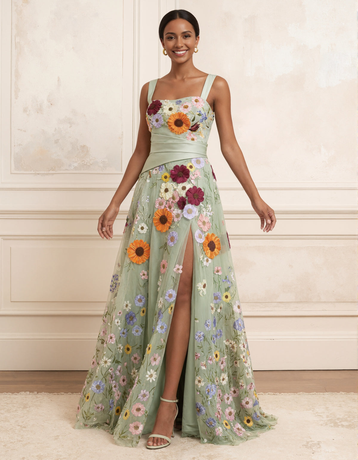 Sage Green Square Neckline With Wide Shoulder Straps 3D Floral Tulle Maxi Dress