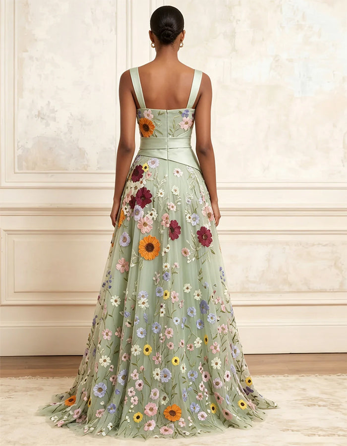 Sage Green Square Neckline With Wide Shoulder Straps 3D Floral Tulle Maxi Dress