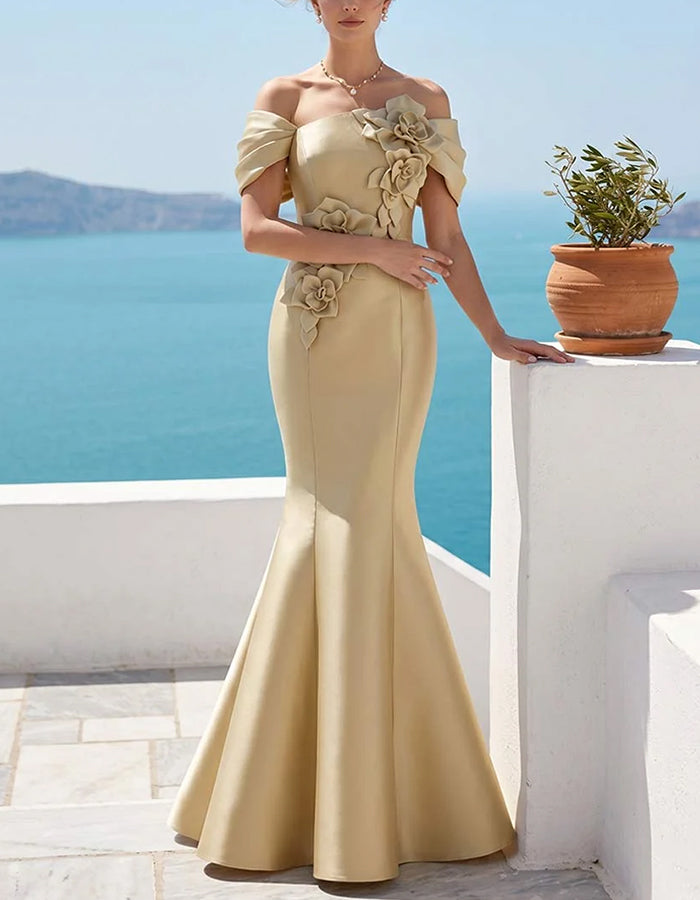 Champagne Off Shoulder 3D Floral Satin Maxi Dress