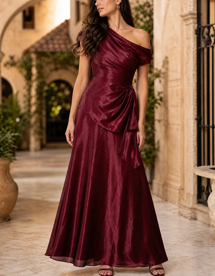 Burgundy Asymmetrical Off Shoulder Draped Chiffon Maxi Dress