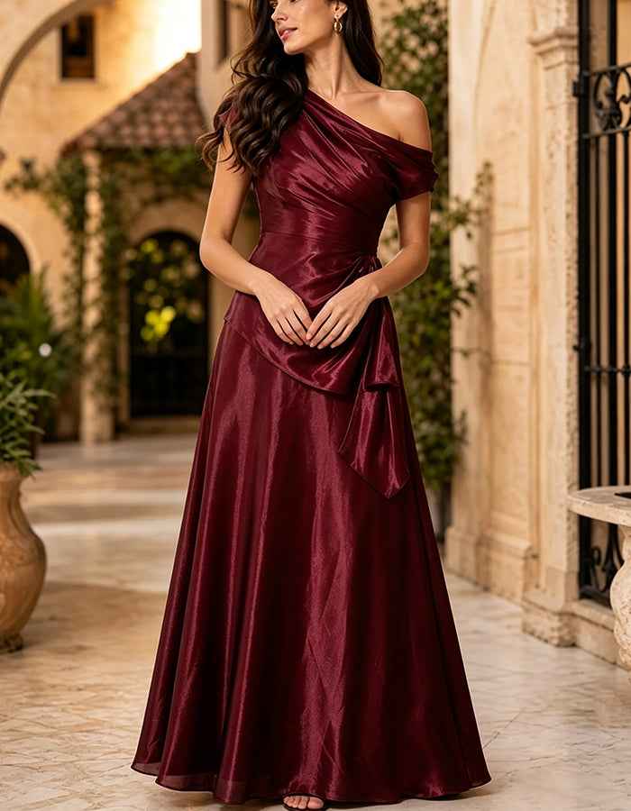 Burgundy Asymmetrical Off Shoulder Draped Chiffon Maxi Dress