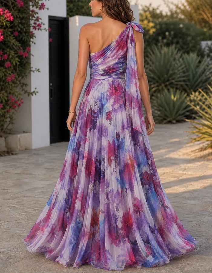 Purple Floral One Shoulder Bow Chiffon Slit Maxi Dress