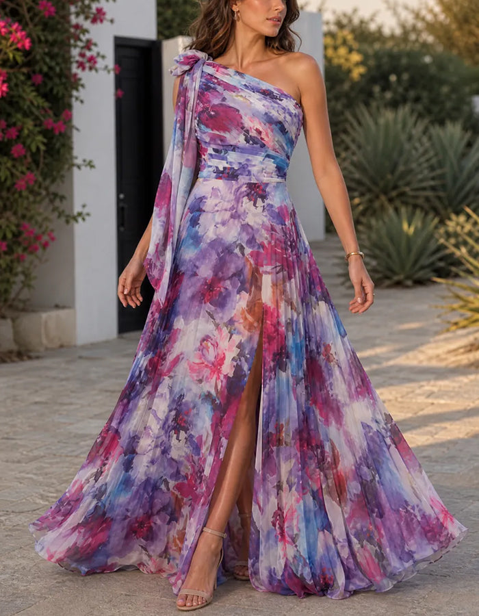 Purple Floral One Shoulder Bow Chiffon Slit Maxi Dress