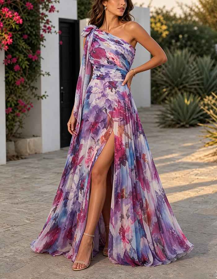 Purple Floral One Shoulder Bow Chiffon Slit Maxi Dress