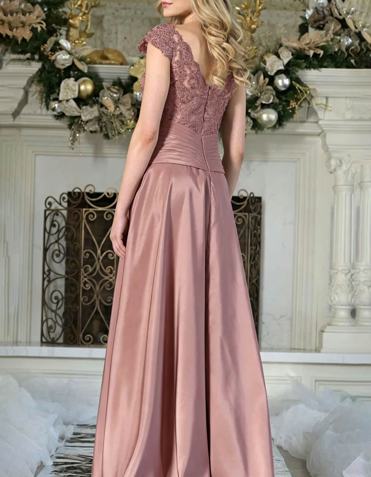 Gray-pink Lace Sequin Embroidered Satin Maxi Dress
