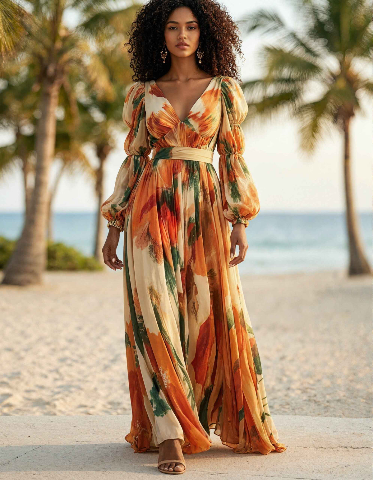 Long Sleeve Chiffon With Orange Floral Print And Deep V-Neck Maxi Dress