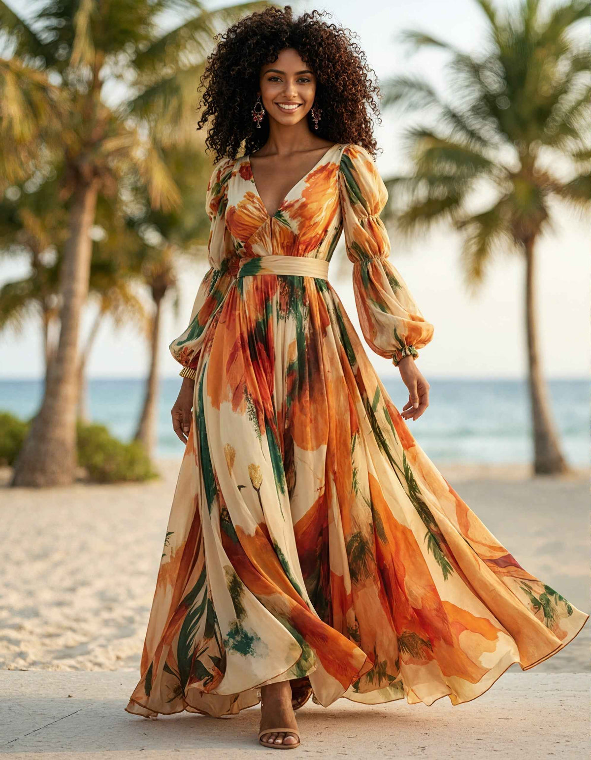 Long Sleeve Chiffon With Orange Floral Print And Deep V-Neck Maxi Dress