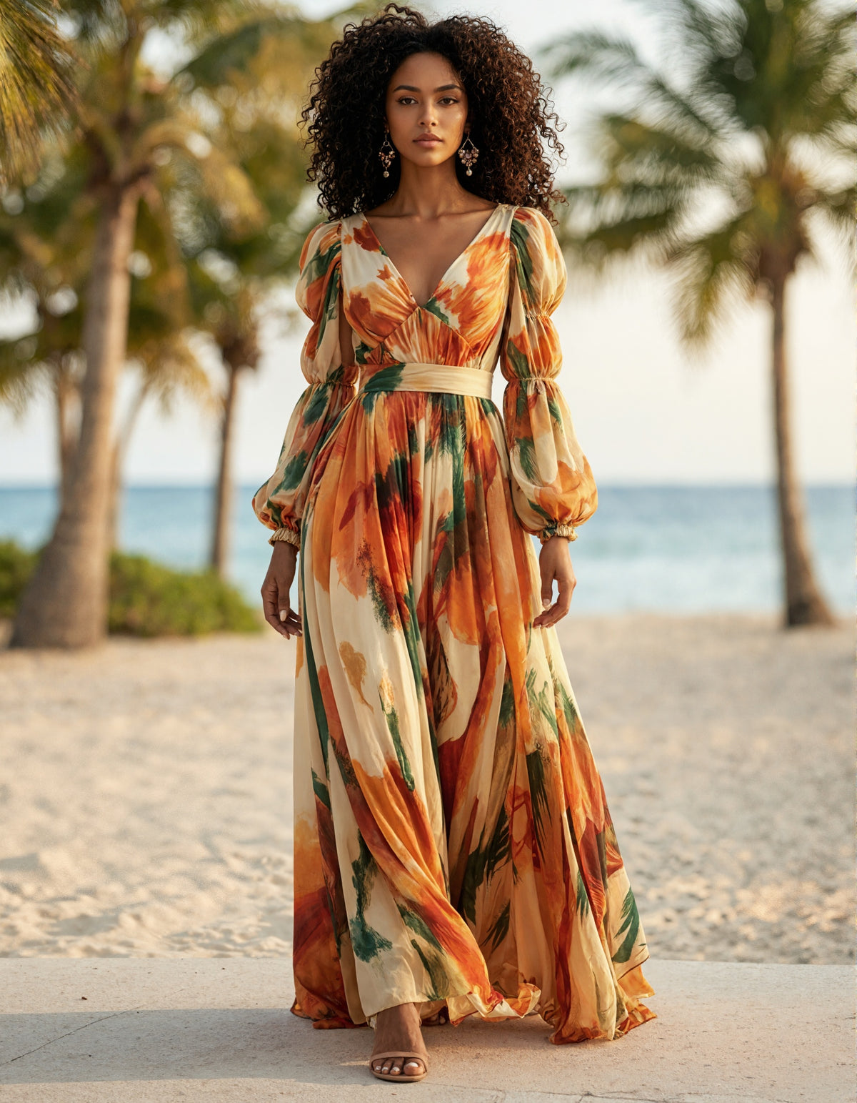Long Sleeve Chiffon With Orange Floral Print And Deep V-Neck Maxi Dress
