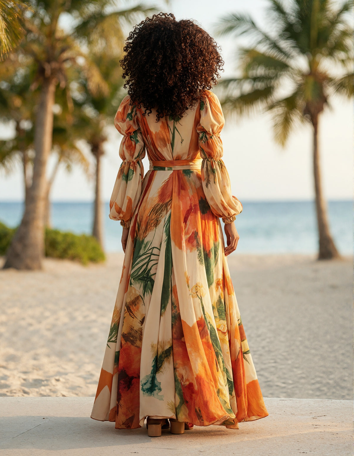 Long Sleeve Chiffon With Orange Floral Print And Deep V-Neck Maxi Dress