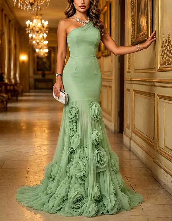 One Shoulder 3D Flower Mermaid Tulle Maxi Dress