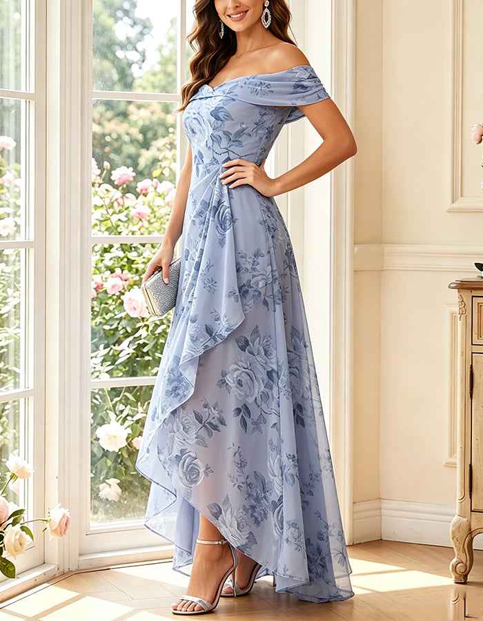 Blue Floral Off Shoulder Chiffon High Low Midi Dress