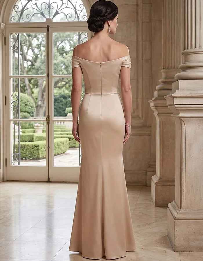 Champagne Satin Off Shoulder Mermaid Maxi Dress