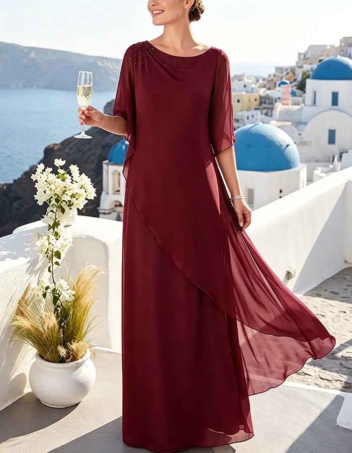 Three Quarter Sleeve Overlay Flowy Chiffon Maxi Dress
