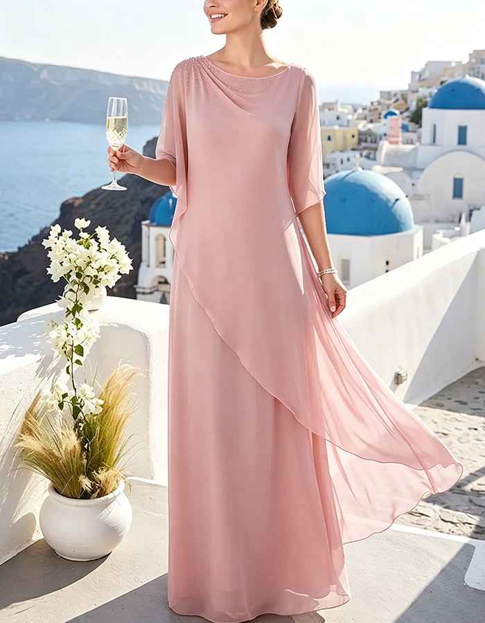 Three Quarter Sleeve Overlay Flowy Chiffon Maxi Dress