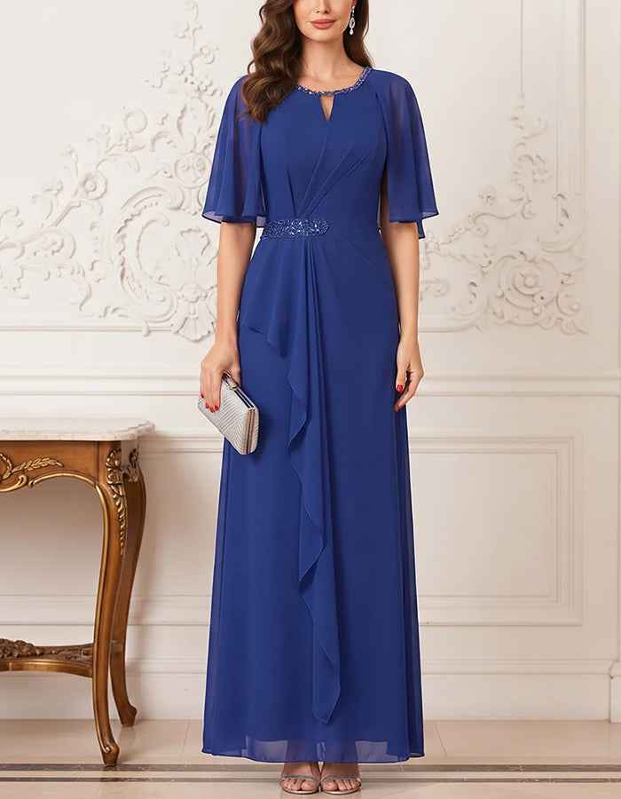 Keyhole Neck Flutter Short Sleeve Sequin Waist Chiffon Maxi Dress