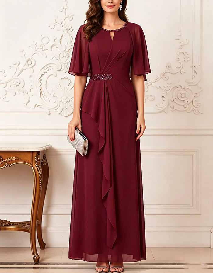 Keyhole Neck Flutter Short Sleeve Sequin Waist Chiffon Maxi Dress