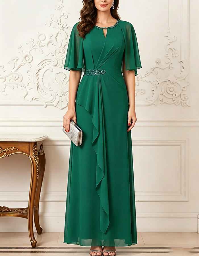 Keyhole Neck Flutter Short Sleeve Sequin Waist Chiffon Maxi Dress