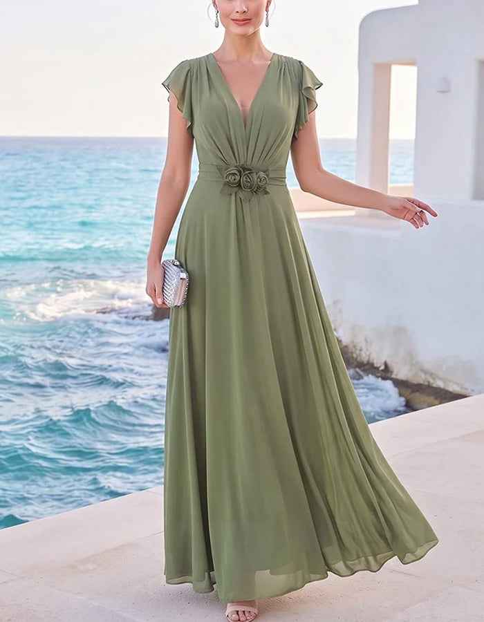 3D Flower Waist Deep V Chiffon Maxi Dress