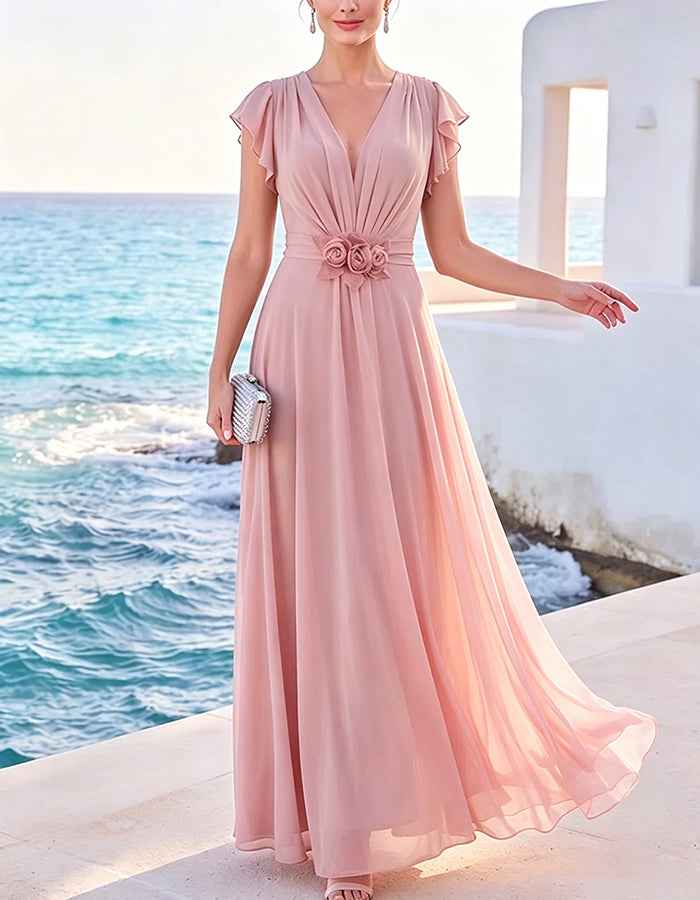 3D Flower Waist Deep V Chiffon Maxi Dress
