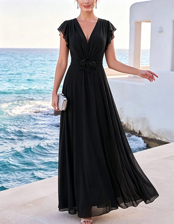 Maxi-jurk van chiffon met diepe V-hals en 3D-bloemen bij de taille