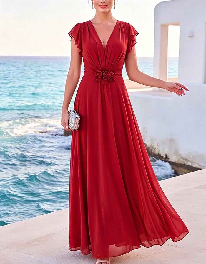 3D Flower Waist Deep V Chiffon Maxi Dress