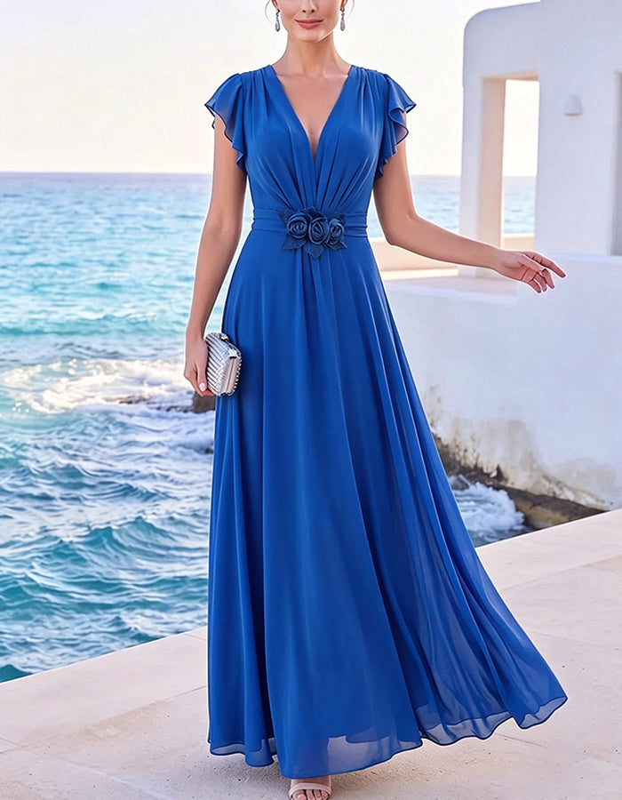 Vestido maxi de chiffon com flores 3D, cintura marcada e decote profundo em V