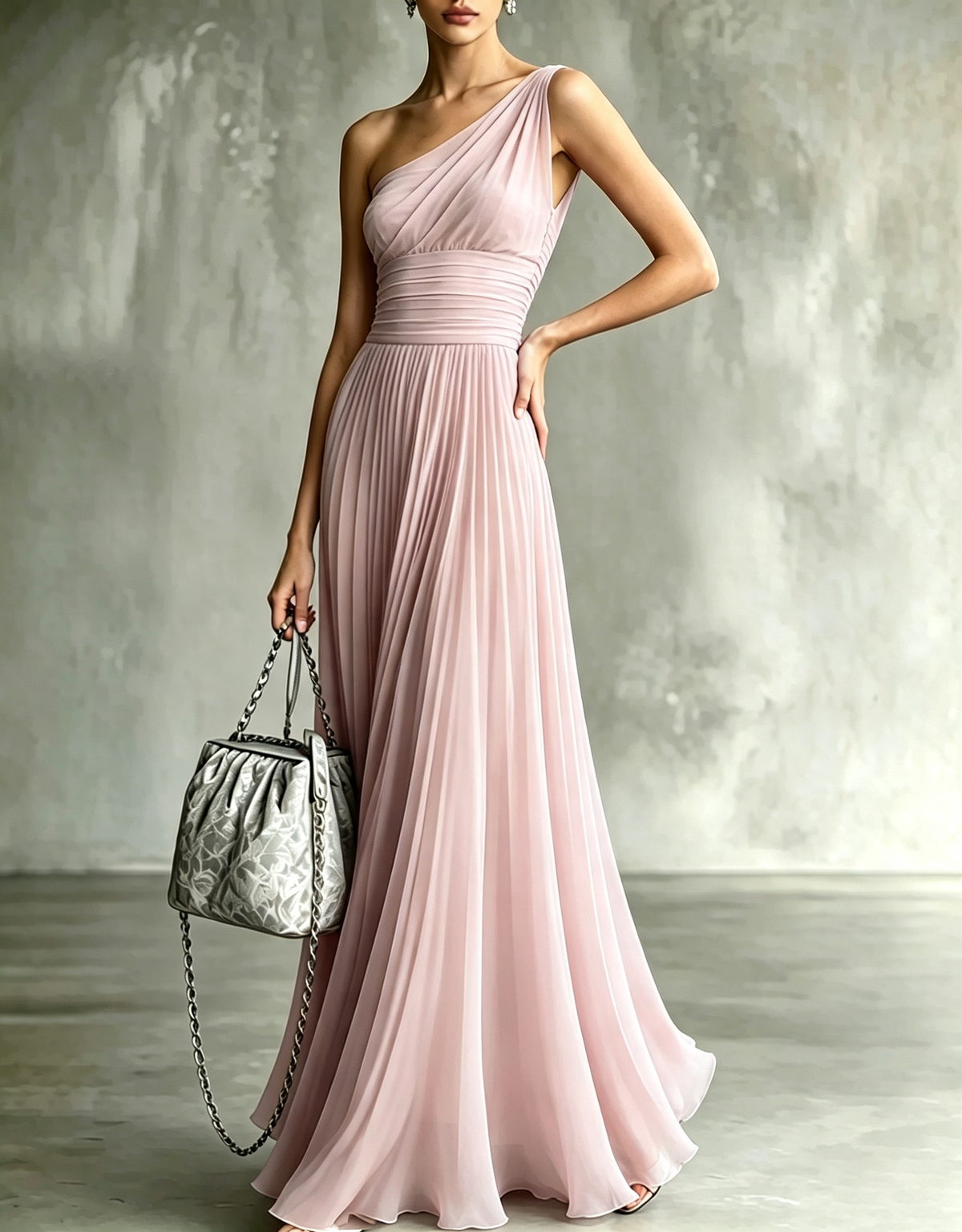 Robe maxi trapèze plissée en mousseline à une épaule
