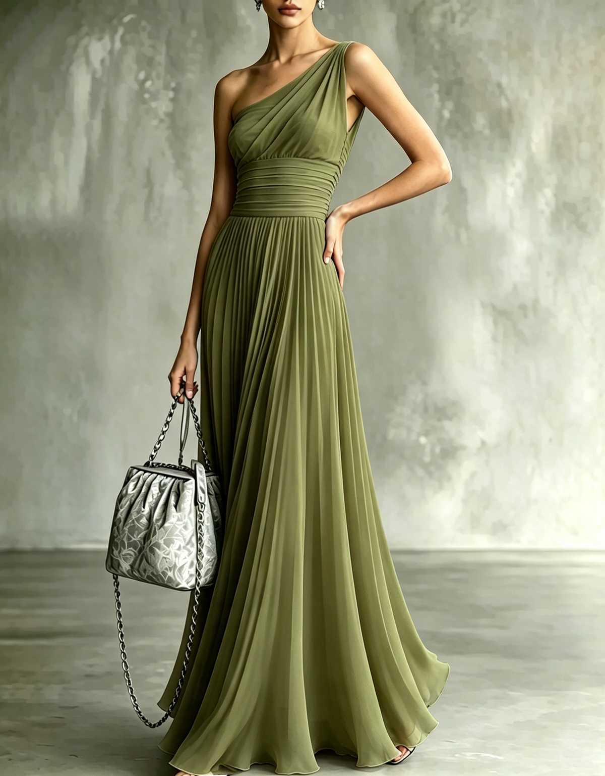 Robe maxi trapèze plissée en mousseline à une épaule