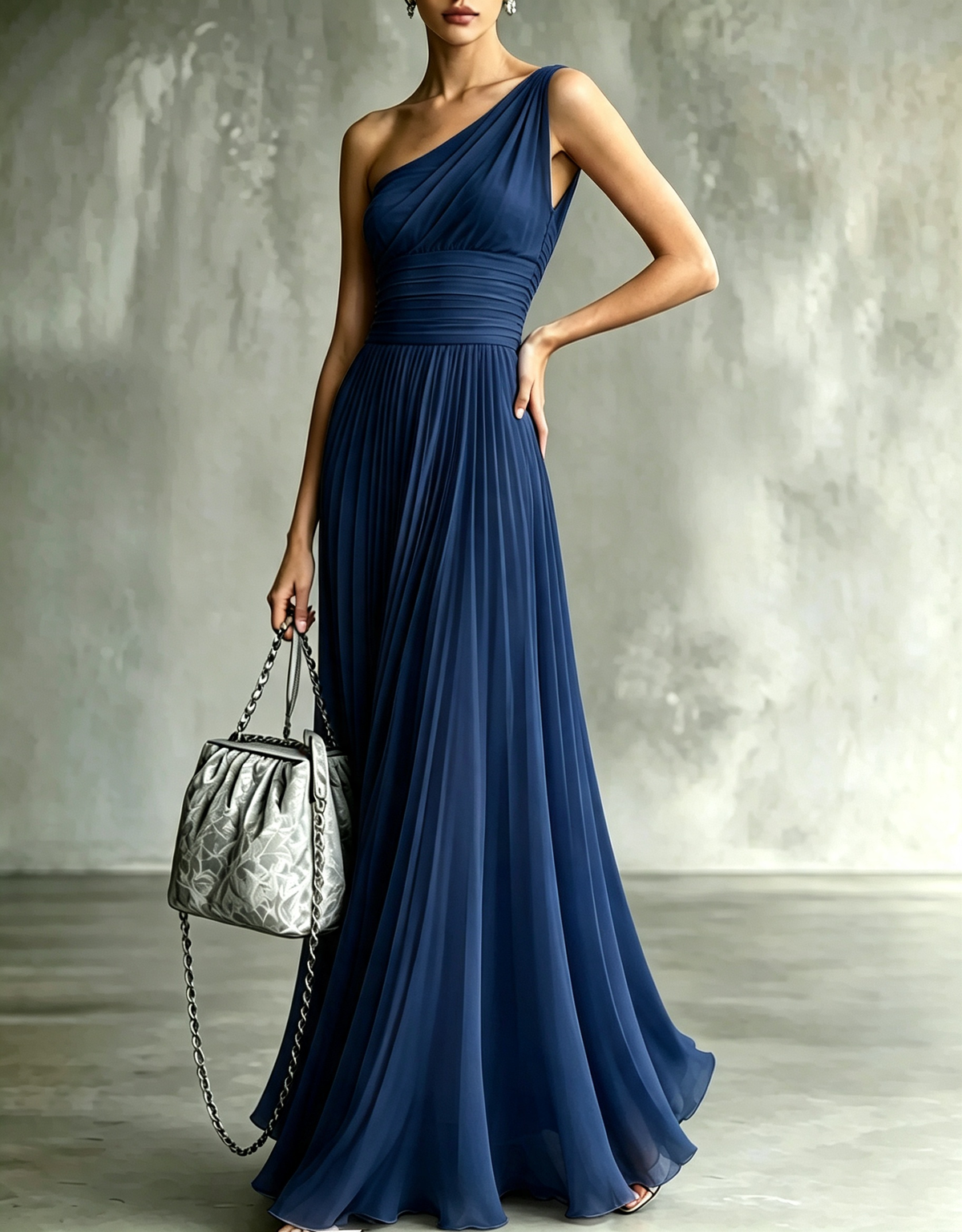 Robe maxi trapèze plissée en mousseline à une épaule