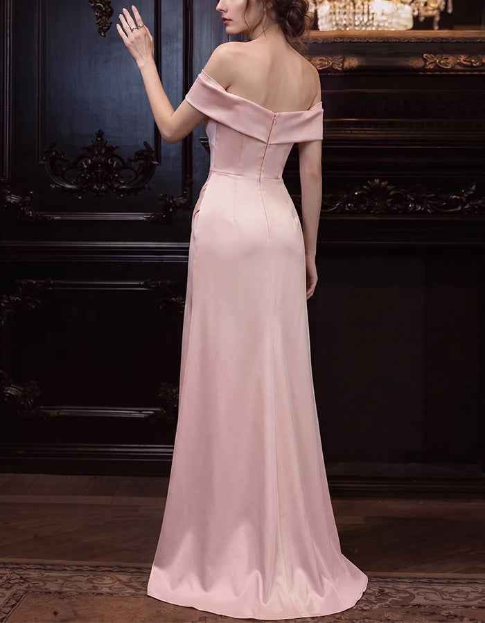 Pink Off The Shoulder Satin Ruffle Mermaid Maxi Dress