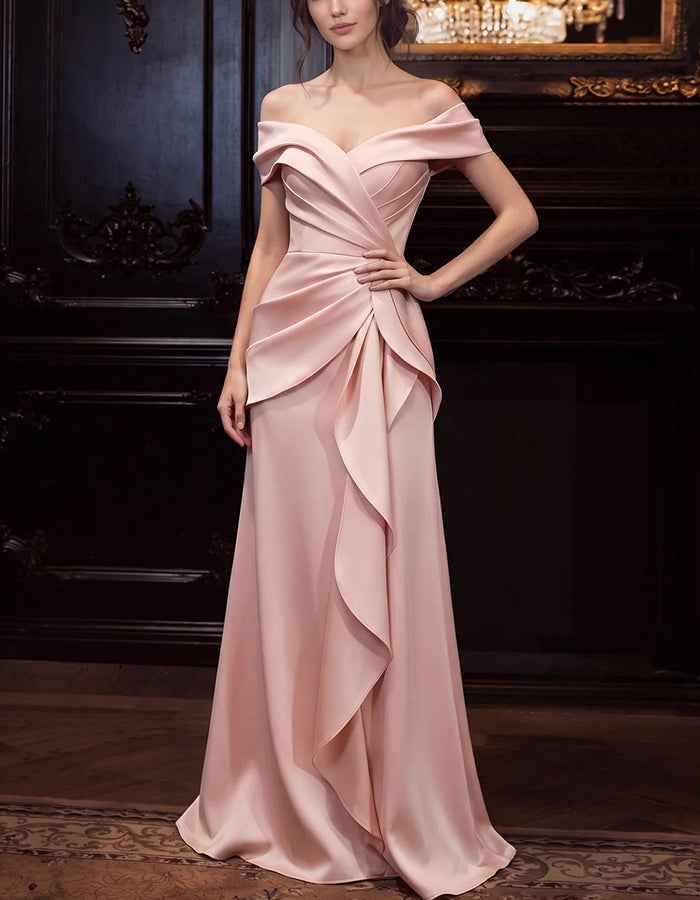 Pink Off The Shoulder Satin Ruffle Mermaid Maxi Dress