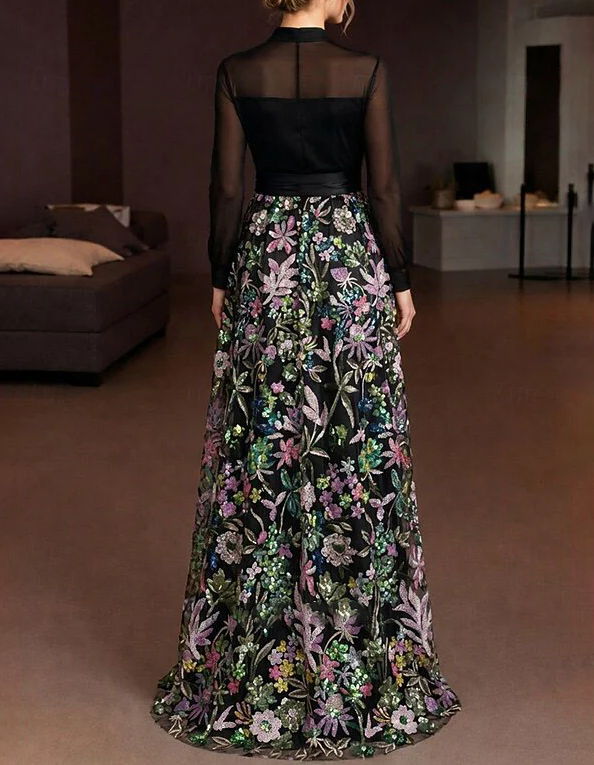 Satin Mesh Deep‑V Floral Embroidered A‑Line Evening Maxi Dress