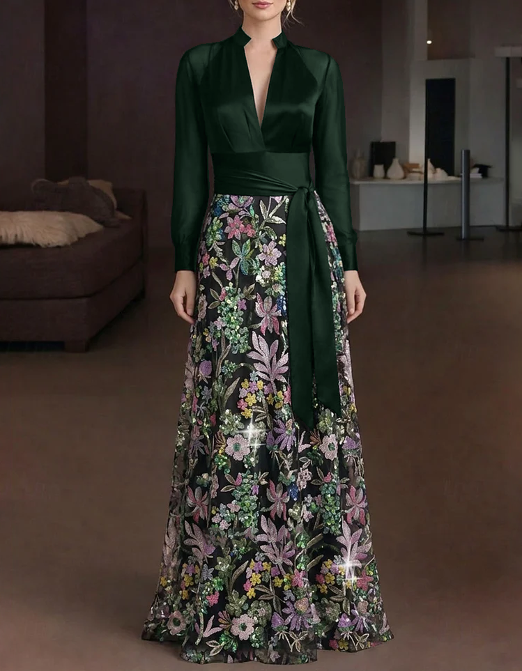 Abendliches A-Linien-Maxikleid aus Satinnetz mit tiefem V-Ausschnitt und Blumenstickerei