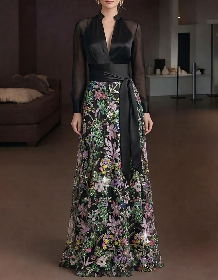 Abendliches A-Linien-Maxikleid aus Satinnetz mit tiefem V-Ausschnitt und Blumenstickerei