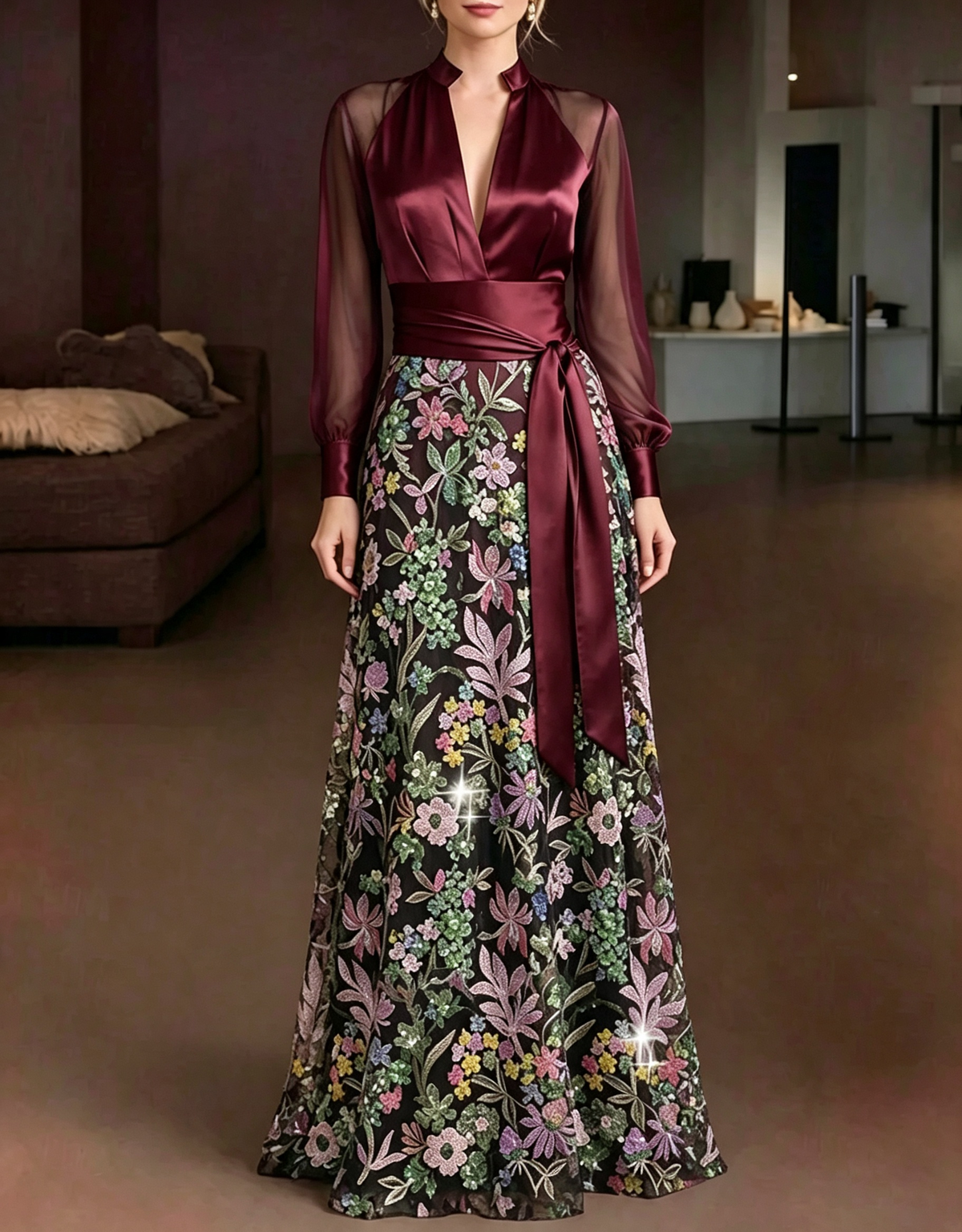 Vestido de noche largo evasé, de malla satinada, con escote pronunciado en V y bordado floral