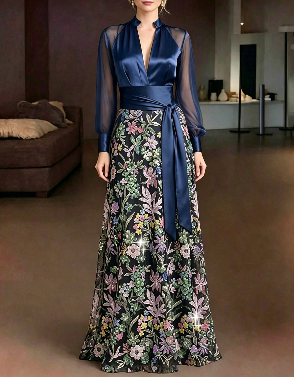 Vestido de noche largo evasé, de malla satinada, con escote pronunciado en V y bordado floral