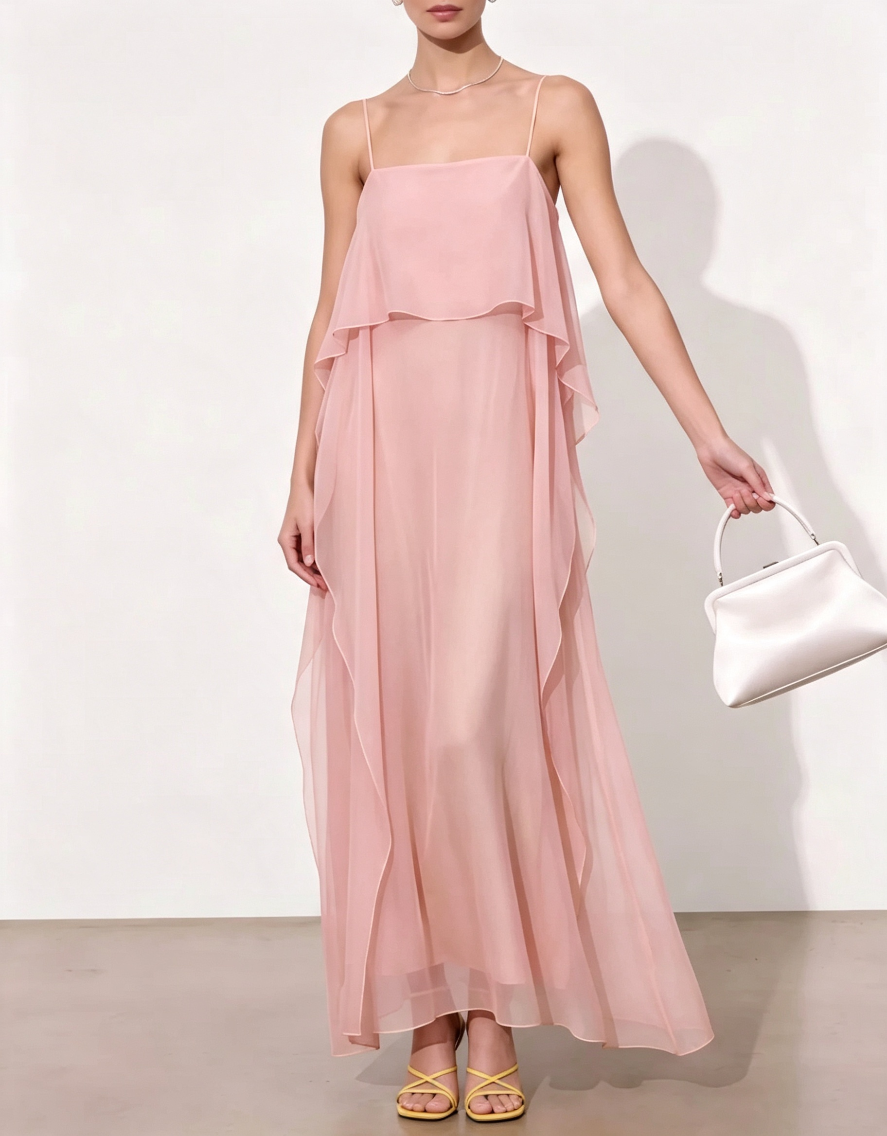 Maxi-jurk van chiffon met spaghettibandjes en ruches