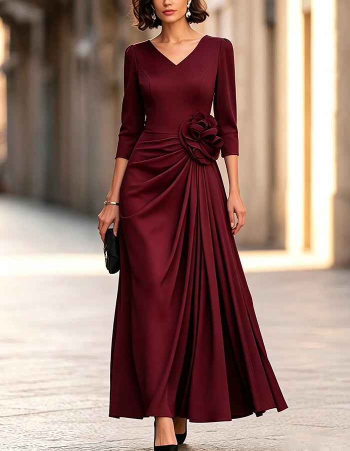 V Neck 3/4 Sleeve Ruched Waist Maxi Dress