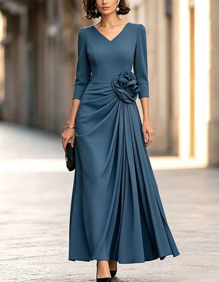 V Neck 3/4 Sleeve Ruched Waist Maxi Dress